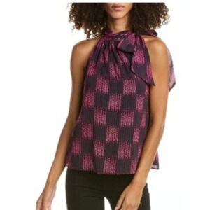 Ramy Brook Pink Black Check Bow Tie‎ Neck Sleeveless Blouse Size Small